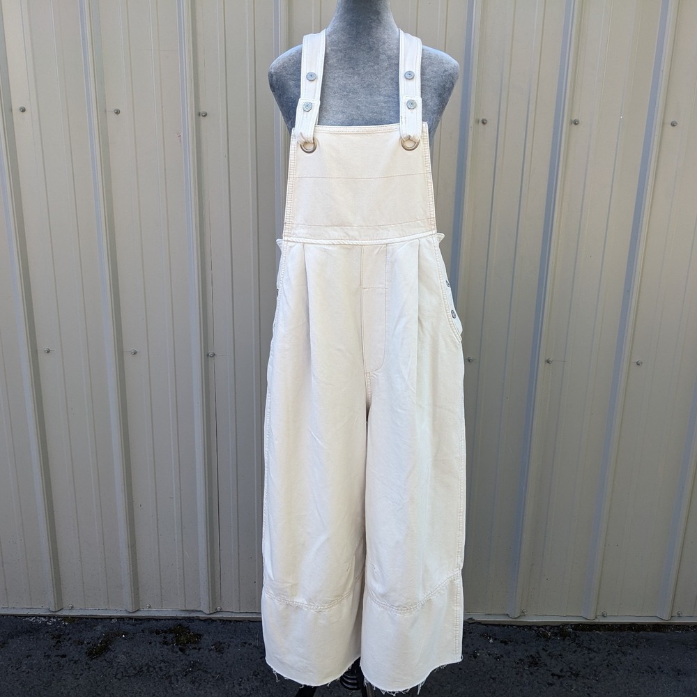 Free People We The Free Rambler Overalls S Ecru Wide Leg Denim Bib Jumpsuit
